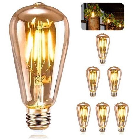 Jusch – Lot de 6 ampoules E27 vintage LED ST64 – 4W filament blanc chaud – Longévité 30 000 heures – Pour décoration intérieure