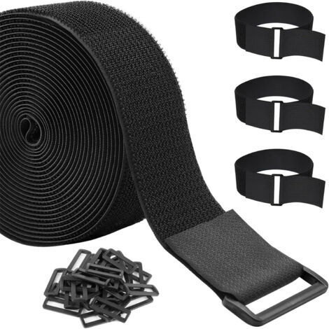 Attaches de câble réutilisables de 3.8 cm x 5 m avec 20 boucles, sangles réglables et robustes pour ranger les câbles, organiser des articles, attaches d'extérieur Noir (1/5)