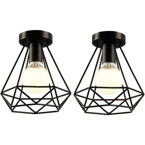 2 Pack Plafonniers Industrielles 20cm Métal Cage Noir Vintage Suspension Luminaire Rétro Lampe de Plafond E27 Luminaire d'eclairage pour Salon Chambre Café Bar Restaurent - Forme Diamant (1/5)