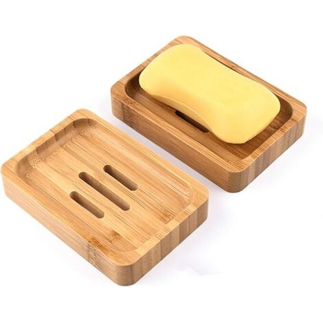 Paquet de 2 porte-savon en bois de bambou naturel porte-savon pour salle de bain douche artisanat porte-savon pour savons, éponges et plus (1/4)