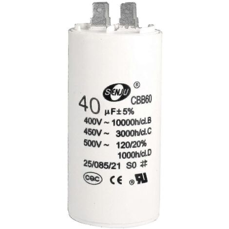 Condensateur 40 µF 450 V CA à double prise 50/60 Hz, cylindrique 94 x 45 mm, blanc, pour compresseur d'air, pompe à eau et moteur