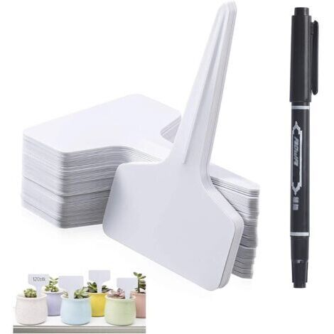 100 pcs Etiquette Jardin Exterieur Marqueurs en Plastique de Plantes Type T Plastique Etiquette Potager avec Stylo étanche Etiquetage Réutilisable et Accessoires(Blanc) (1/5)