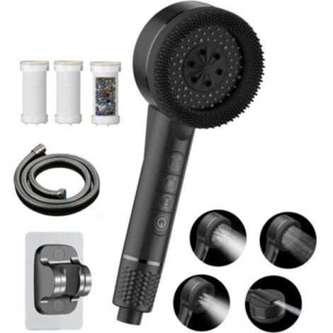 Pommeau de Duche Haute Pression,Pommeau Douche Economie Deau 4 Types de Jets Pommeau de Douche Anti Calcaire avec Tuyau Douche 1.5M et Support de Douche, avec Bouton D'arrêt D'eau Dark black (1/5)