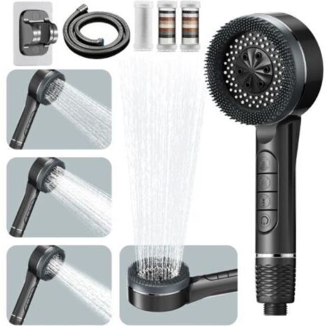 Pommeau de Douche Haute Pression, 4 Types de Jets avec Bouton D'arrêt D'eau Pommeau de Douche Anti Calcaire avec Tuyau Douche 1.5M et Support de Douche, Pommeau Douche Economie, Gris (Dark grey) (1/5)