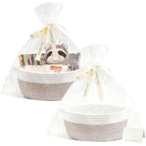 Panier Cadeau, 2 Pièces Panier Cadeau Vide, Panier Tressé avec 2 Sacs Cadeaux Transparents, 2 Rubans Colorés, 2 Cartes de Vœux pour Baby Shower, Anniversaire, Mariage, Fête des Récoltes, Noël (1/5)
