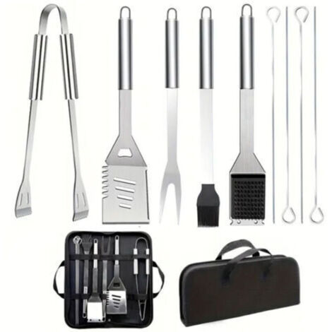 Ensemble d'ustensiles de barbecue en acier inoxydable 9 pièces avec sac de transport, pelle, brosse métallique, pinces et fourchette, accessoires de cuisine en plein air et de camping (1/4)