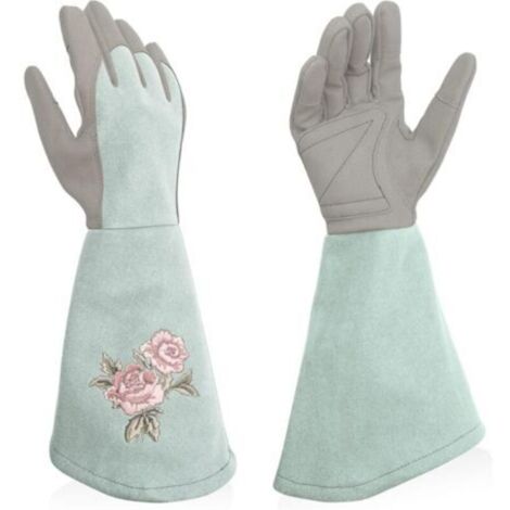 Gants de jardinage pour femme - Gants de travail longs en cuir synthétique, doigts longs, résistants aux perforations, pour le jardinage, bleu clair, taille M (1/5)