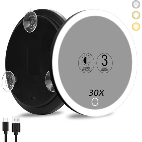 Miroir grossissant 30x avec lumière LED Diamètre 10 cm 3 couleurs d'éclairage Fixation par ventouses Pour maquillage précis (1/4)