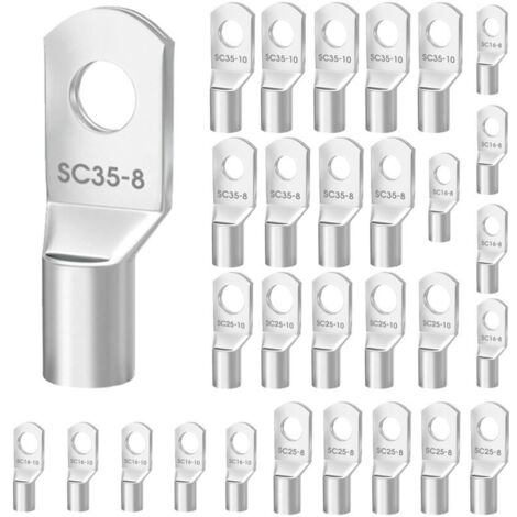 30 Pièces 16mm² M8 Cosses Tubulaires 25mm² 35mm² M10, Cosses de Câble, M8 M10 Bornes Tube Non Isolé, Câble Électriques Ronde à Œillet en Cuivre Étamé pour Marine Automotive Industriel, Argenté (1/5)