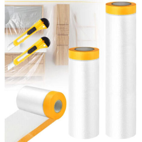 3 rouleaux de film de masquage avec ruban de masquage, bâche de protection de peinture transparente, masquage de peinture anti-poussière pour protection de sol de meubles + 2 couteaux utilitaires (1/5)