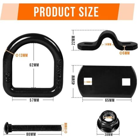 Lot de 4 œillets d'arrimage pour remorque - 5400 kg - Anneaux d'arrimage - Anneau de Montage - avec vis - Crochets de Montage pour sécuriser Le Chargement dans Les Voitures, Kayaks et (Noir) (1/4)