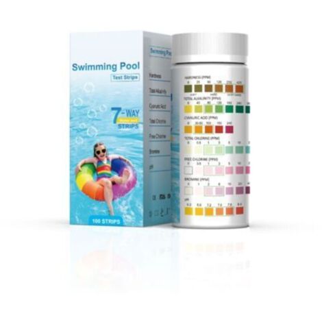 Lot de 100 bandelettes de test pour piscine - pH et chlore 7 en 1 - Dureté de l'eau - pH total - Chlore libre - Alcalinité totale, brome, acide cyanurique (1/5)