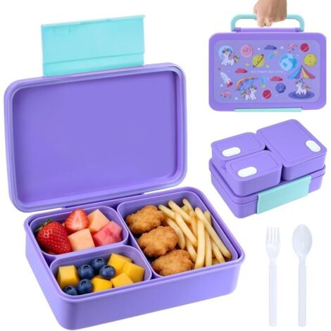 Lunch Box,Boîte à Déjeuner Campus,Bento Lunch Box Enfant Boîte 1200ml,Boîte à Repas avec Trois Compartiments et des Couverts,sans BPA, pour Micro-Ondes et Lave-Vaisselle (Violet) (1/5)