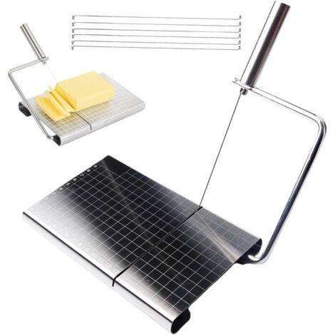 Coupe-fromage interchangeable avec fil de fer - Trancheuse à fromage en acier inoxydable avec planche et grille de mesure - Coupe-fromage avec graduation - Avec 6 fils extra solides pour (1/5)