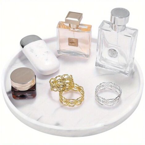 Plateau rond en silicone de 27 cm, motif marbre blanc, pour salle de bain et cuisine, idéal pour les bijoux et les parfums.Blanc (1/5)