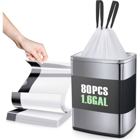 1,6 gallon 80 sacs poubelles solides avec cordon de serrage, petits sacs en plastique, doublures de poubelle pour la maison, le bureau, la cuisine, la salle de bain, la chambre à coucher, doublures bl (1/5)