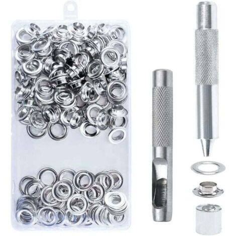 Kit de 100 œillets métalliques de 14 mm avec outils, idéal pour la réparation de bâches, toiles et tentes (couleur argent). (1/5)