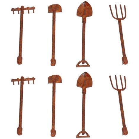 Kit de 4 Outils Miniatures de Jardinage en Métal Rouillé pour Maison de Poupée 1:12 - Pelle, Binette, Fourche (1/5)