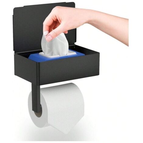 Porte-papier toilette mural sans perforation avec étagère et boîte à lingettes humides, noir, pour salle de bain et cuisine (1/5)