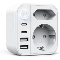 Multiprise USB, Multiprise Murale, Prise Multiple 6-en-1, Multiprise avec 2 Ports USB A & 2 USB C, Prise Murale avec Interrupteur, Double Prise pour Maison, Bureau, Voyage, Blanco