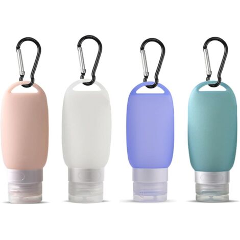 4 fons silicone 60 ml + mousqueton, souples étanches pour gel douche, shampoing ou gel mains (1/5)