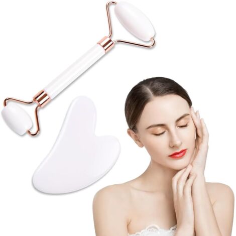 2 pcs ensemble rouleau jade + gua sha, pierres massage visage femme cou corps naturelles (1/5)