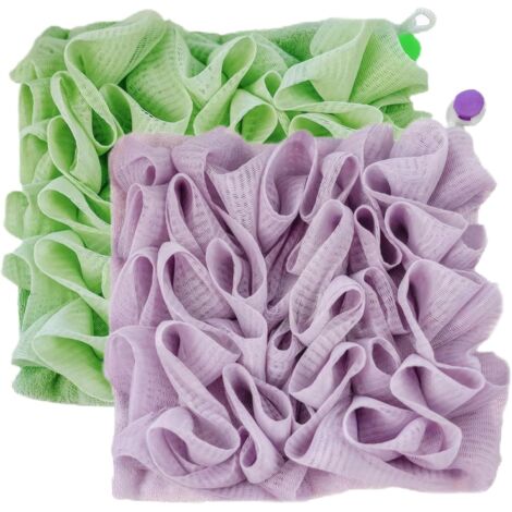 Lot de 2 éponges de bain en luffa en maille fine 2 en 1 avec cordon de serrage portable à suspendre pour exfoliation (1/5)