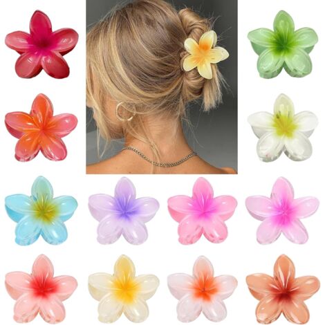 Lot de 18 barrettes à cheveux en forme de fleur hawaïenne Grandes fleurs multicolores pour cheveux épais (1/5)