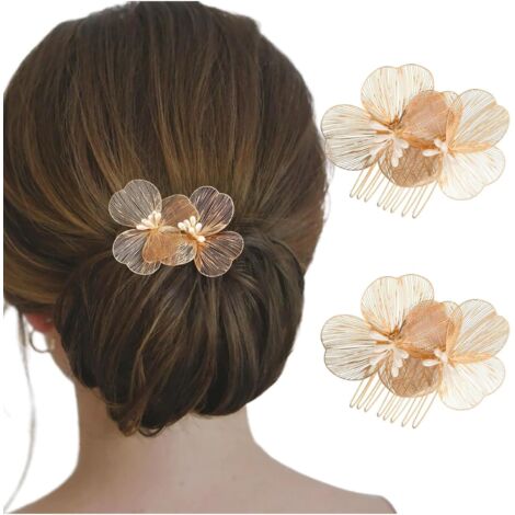 Lot de 2 peignes à cheveux en forme de fleur - En métal argenté - Pour femme et fille - Doré (1/5)