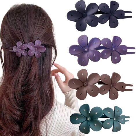 Lot de 4 grandes pinces à cheveux en forme de fleur pour femme et fille - Avec fleur en cristal mat - En forme de bec de canard (1/5)