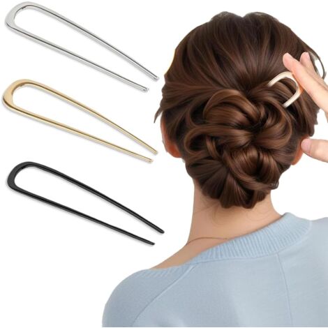 3 Épingles à Cheveux Métalliques en U (Or/Argent/Noir), Accessoire pour Chignon ou French Twist, Epingle Cheveux Femme Pince Chignon (1/5)