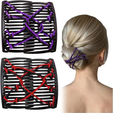 Lot de 2 peignes élastiques pour femmes, peigne magique avec double peigne et pince à cheveux, accessoires pour cheveux épais (1/5)