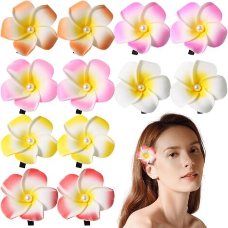 12 Pièces pince cheveux fleur hawaienne, Pince fleur cheveux tahiti, Barette fleurs tahiti, 5cm (1/5)