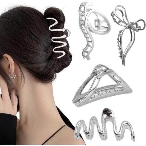 Lot de 4 grandes pinces à cheveux en métal argenté pour femme et fille - Accessoires épais pour cheveux (1/5)