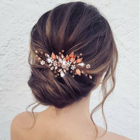 Peigne à cheveux pour mariée avec fleurs et perles - Accessoires pour cheveux pour femme et fille (or rose) (1/5)
