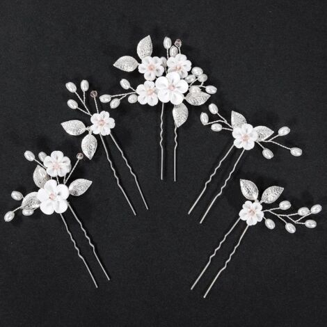 Bijoux de Cheveux en Fleurs Perles Epingles à Cheveux de Mariage Epingles à Cheveux en Forme de U Argent pour Femmes Fille 5 Pièces (1/5)