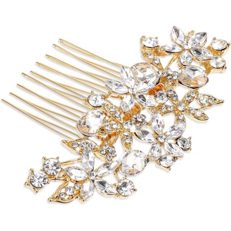Peigne à cheveux de mariée avec strass et fleurs en cristal pailleté - Accessoire de cheveux décoratif pour femmes et filles (doré) (1/5)