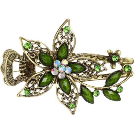 Barrettes à cheveux vintage en cristal pour femme - Motif floral - Vert (1/5)