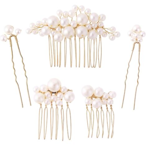 Lot de 5 épingles à cheveux avec perles – Peigne latéral doré en forme de U pour mariage (1/5)