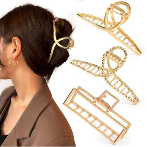 Lot de 3 grandes pinces à cheveux antidérapantes en métal doré tendance pour femmes et filles, pour cheveux longs épais et fins (1/5)