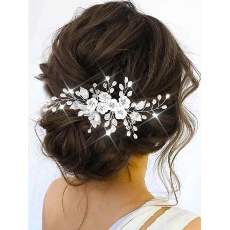 Peigne à cheveux en forme de fleur argentée avec perles et cristaux pour femme et fille (1/5)