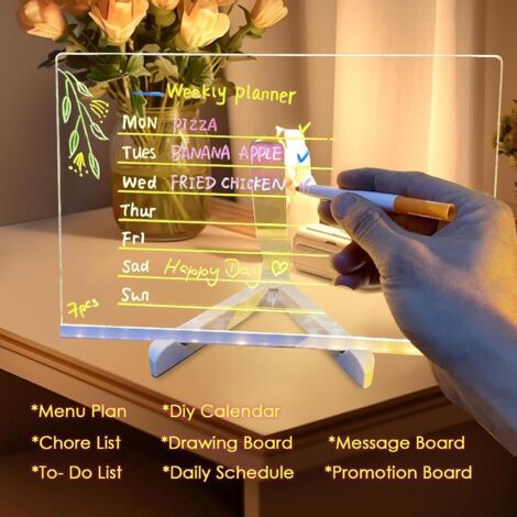Tablette Lumineuse Message, LED Tablette Lumineuse Dessin, Tableau en Acrylique avec 7 Couleurs Stylo Support Réglable pour Cadeau Créatif Enfant Tableau D'écriture, Mémo 30x20 cm