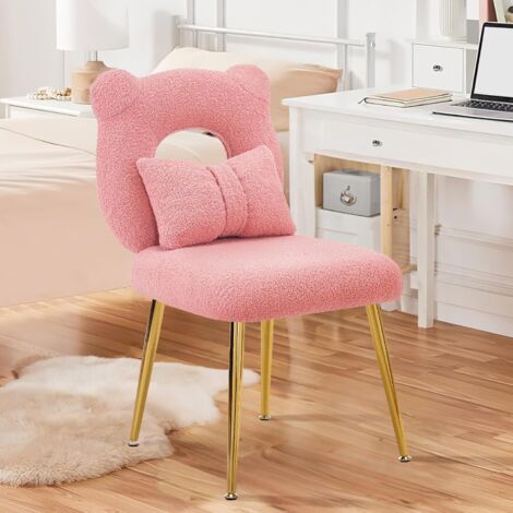 Chaise de coiffeuse avec coussin amovible et pieds en métal, rembourrée en sherpa bouclé, rose, idéale pour la chambre ou le salon. (1/4)