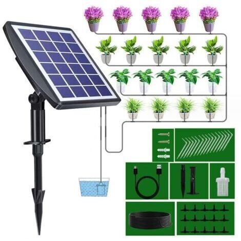 Systeme d'arrosage automatique solaire, Kit d'irrigation goutte a goutte, avec minuterie Pour balcons, terrasses, jardins..