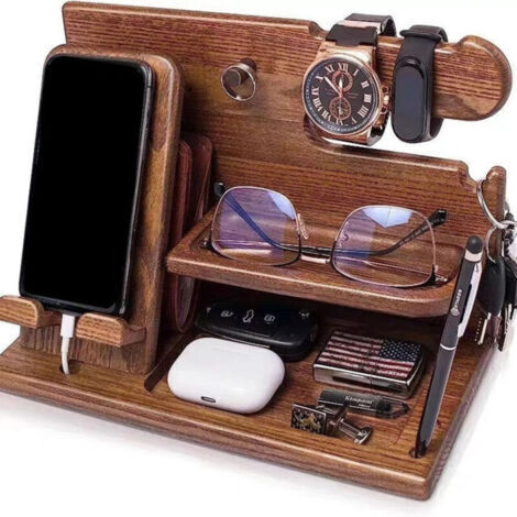 Support de bureau en bois massif - Support pour téléphone - Support pour téléphone portable en bois - Porte-lunettes - Support en bois massif - Organiseur de bureau multifonctionnel (1/5)