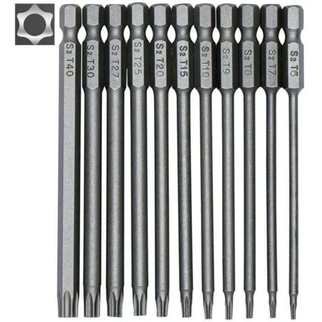 Jeu de 11 embouts longs Torx 100 mm – Tige hexagonale 1/4' – Tailles T6 à T40 – Acier allié S2 – Embouts magnétiques pour visseuses (1/5)