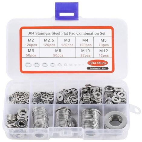 BASVII 684 Pièces Inox Rondelles Plates Metal, pour Gonds de Porte, 9 Tailles Rondelles Acier Inoxydabl 304 - M2 M2.5 M3 M4 M5 M6 M8 M10 M12 Rondelle Carrossier Inox (1/4)