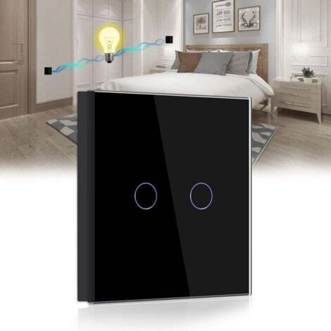 Interrupteur tactile va-et-vient, noir, avec indicateur LED, panneau en verre cristal, sans fil neutre. (1/4)