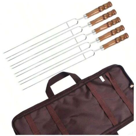 Fourchette de barbecue 5 pièces, manche en bois avec boîte de rangement, acier inoxydable, brochettes de barbecue antirouille, adaptées à l'extérieur et au camping (1/4)