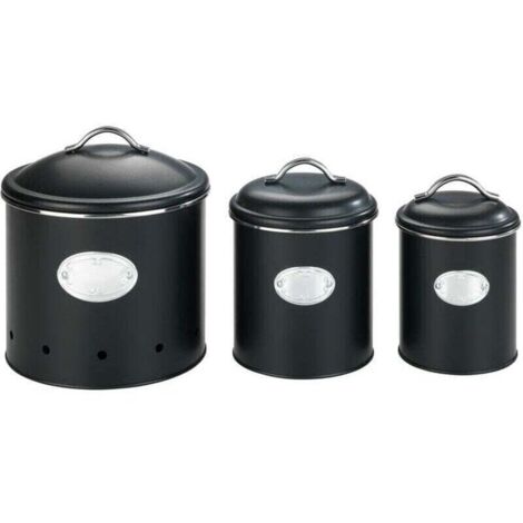 Boite de rangement métal avec couvercle et étiquette décorative, Nero, rangement pomme de terre, oignons, Capacité 1 l, Métal, Ø 11,5x16,5 cm, noir (1/4)